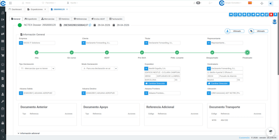Pantalla de la aplicación CustomsGo en una importación
